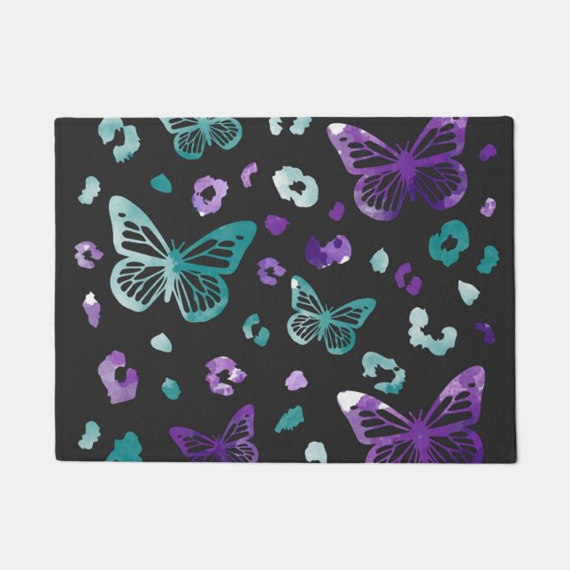 Butterfly Leopard Black Doormat (Front)