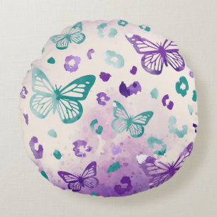 Butterfly Leopard Purple Grey Pattern Round Pillow