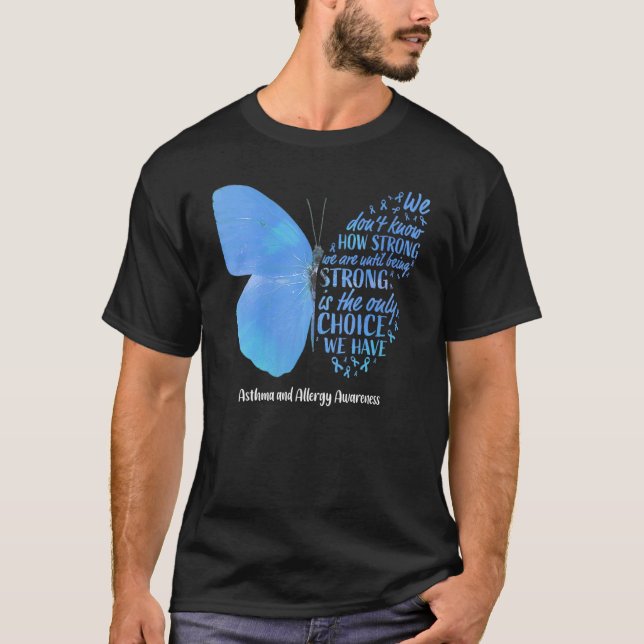 Butterfly Light Blue Ribbon Asthma And Allergy Awa T-Shirt (Front)