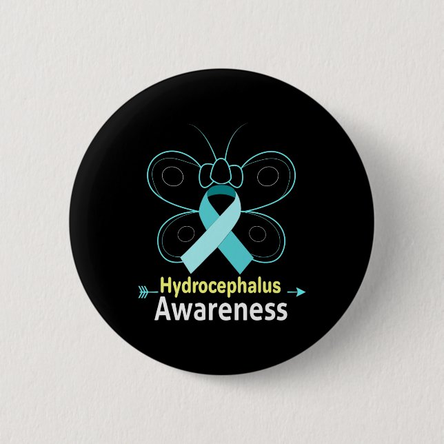 Butterfly Light Blue Ribbon Hydrocephalus Awarenes 2 Inch Round Button (Front)