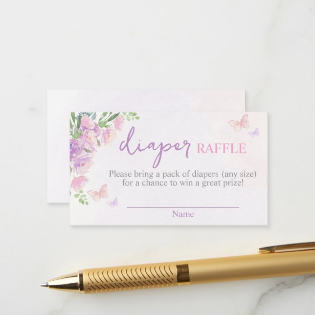Butterfly lilac Pink Diaper Raffle Enclosure Card (Front/Back In Situ)