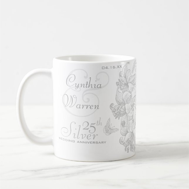 Butterfly Lilies 25th Silver Wedding Anniversary Coffee Mug (Left)