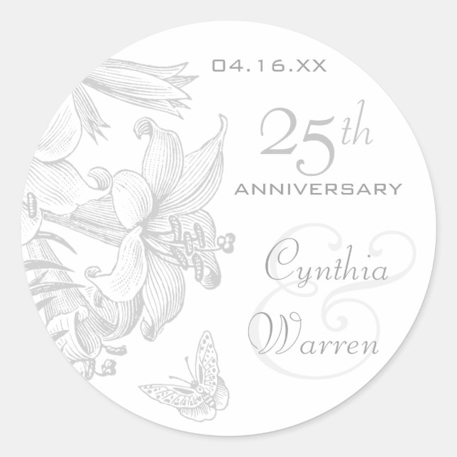 Butterfly Lilies Silver 25th Wedding Anniversary Classic Round Sticker (Front)