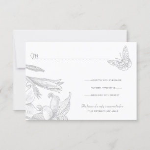 Butterfly Lilies Silver 25th Wedding Anniversary RSVP Card