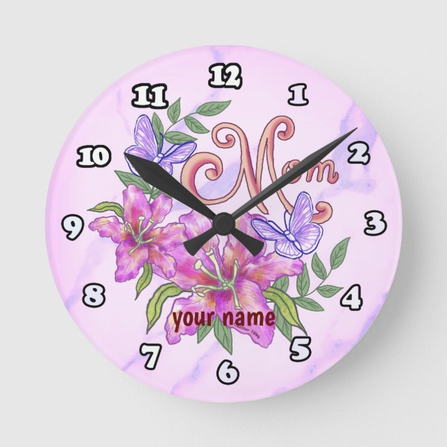 Butterfly Lily Mom  Round Clock (Front)