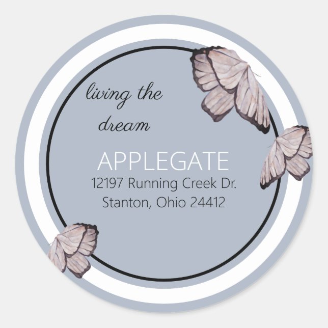 Butterfly Living the Dream Blue Address Classic Round Sticker (Front)
