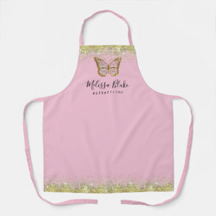 butterfly logo on faux gold sparkle   apron