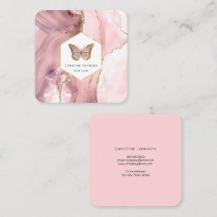 butterfly logo on pink agate square business card