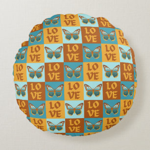 Butterfly Love Pattern Blue & Orange Gradient Round Pillow