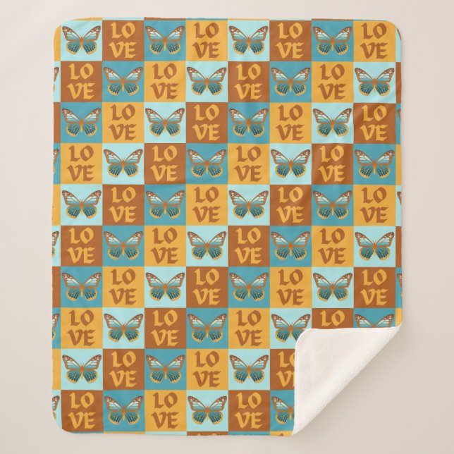 Butterfly Love Pattern | Blue & Orange Gradient Sherpa Blanket (Front)