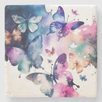 Butterfly Lovers Decor Watercolor Multicolor Stone Coaster