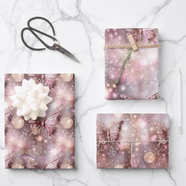 Butterfly magical enchanted pink pattern seamless  wrapping paper sheet (Front)