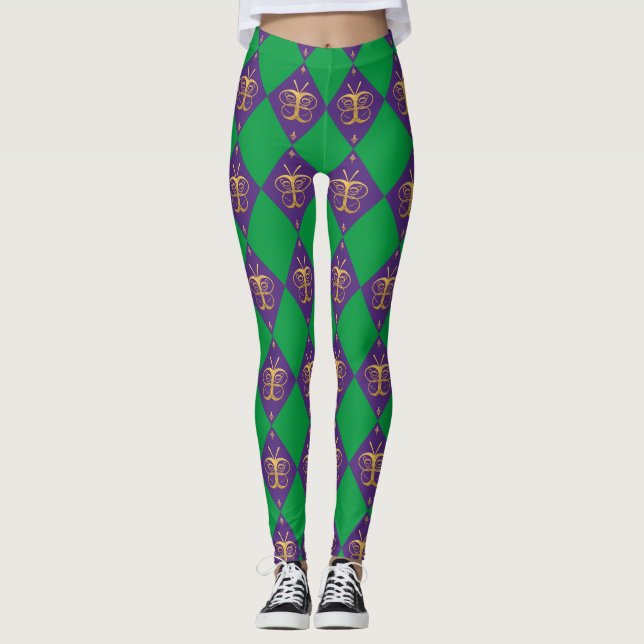 Butterfly Mardi Gras Harlequin Pattern Leggings (Front)