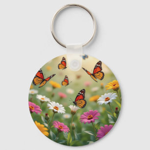 Butterfly Meadow Seamless Pattern Vibrant Flowers Keychain