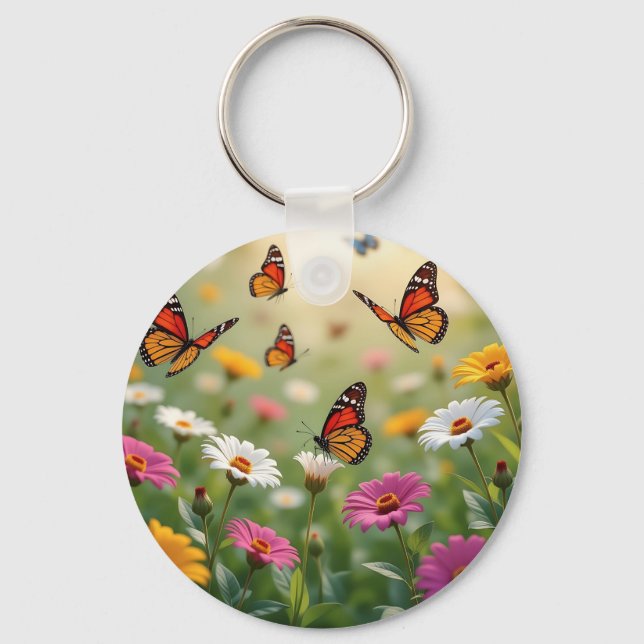Butterfly Meadow Seamless Pattern Vibrant Flowers Keychain (Front)