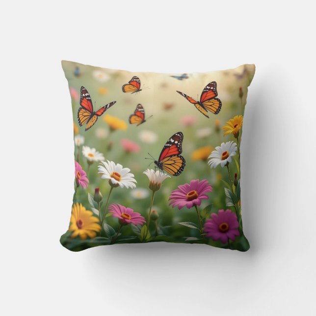 Butterfly Meadow Seamless Pattern Vibrant Flowers Throw Pillow (Front)