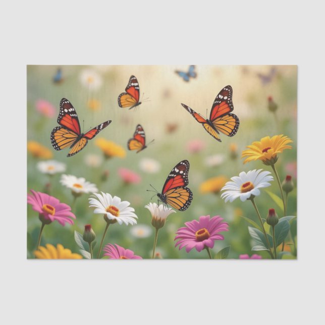 Butterfly Meadow Seamless Pattern Vibrant Flowers Tissue Paper (Front)