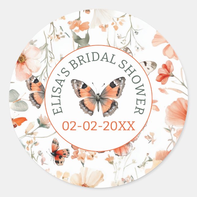 Butterfly Meadow Watercolor CUSTOM Bridal Shower Classic Round Sticker (Front)