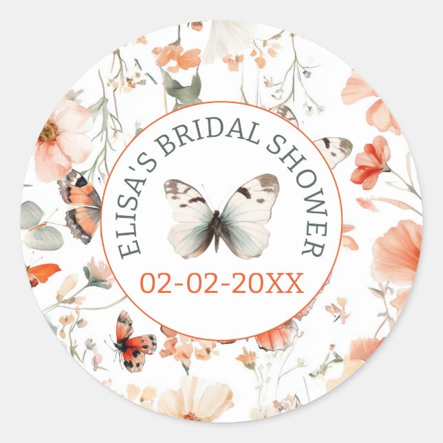 Butterfly Meadow Watercolor CUSTOM Bridal Shower Classic Round Sticker (Front)