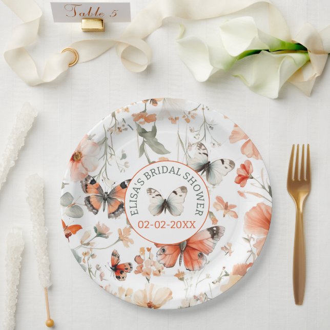 Butterfly Meadow Watercolor CUSTOM Bridal Shower Paper Plate (Wedding)