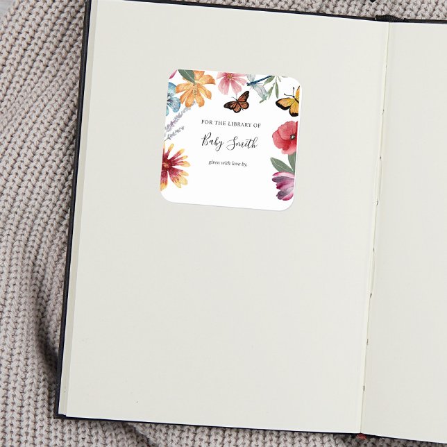 Butterfly Meadows Baby Shower Bookplate Square Sticker (Creator Uploaded)