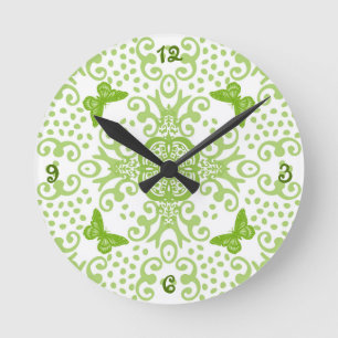 Butterfly Medallion Green 'n White Numbered Round Clock
