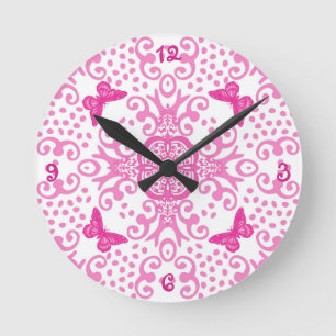 Butterfly Medallion Pink 'n White Round Clock