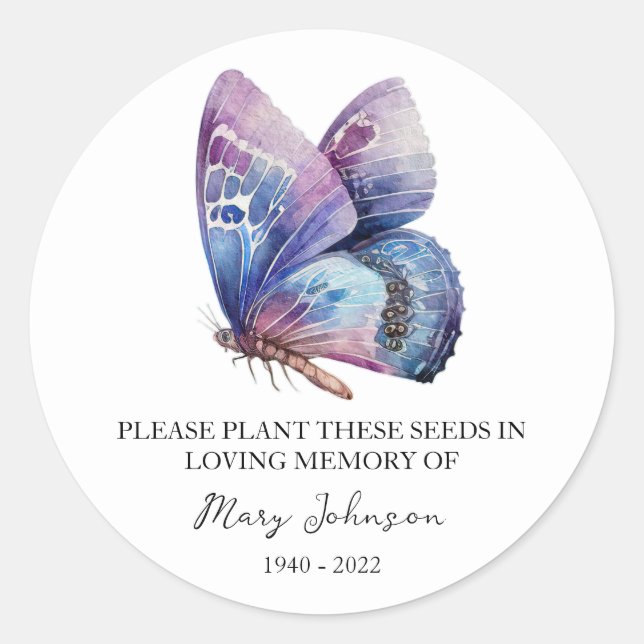 Butterfly Memorial Funeral Seed Packet Classic Round Sticker (Front)