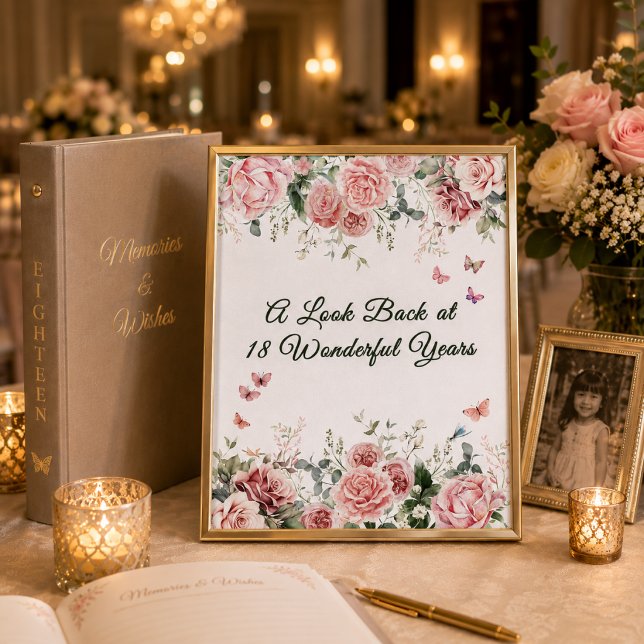 Butterfly Memory Table Sign (Elegant framed memory table sign with blush roses, butterflies, and romantic debut styling.)