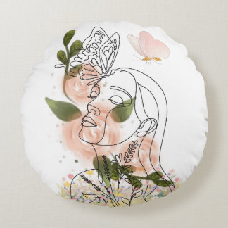 Butterfly Mind – floral line art Round Pillow