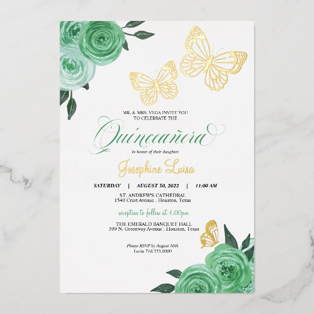 Butterfly Mint Green Roses Quinceanera Real (Front)