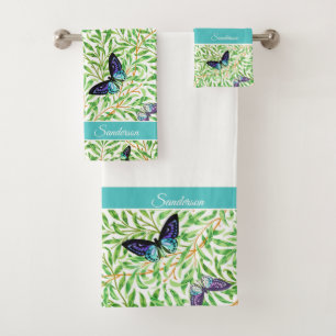Butterfly Modern Stylish Navy Blue Monogram Bath Towel Set