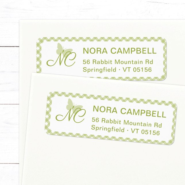 Butterfly Monogram Green Gingham Return Address (Modern, elegant butterfly monogram return address label in light green with plaid background.)
