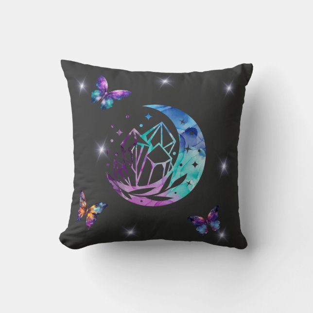 Butterfly, Moon, and Crystals  Throw Pillow (Front)