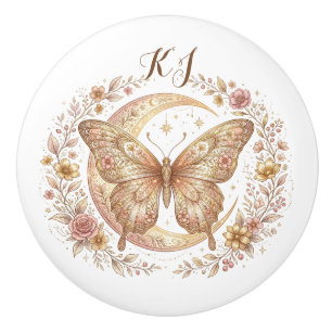 Butterfly Moon Floral Gold Personalized Design Ceramic Knob