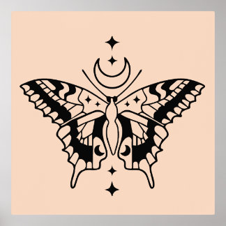Butterfly Moon Minimal Line Art Design Foil Prints
