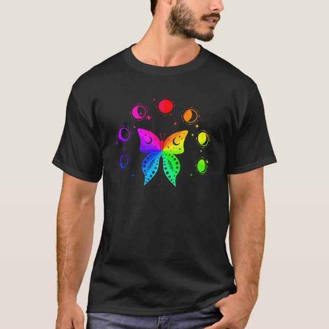 Butterfly Moon Phases Rainbow Meditation Peace Lov T-Shirt (Front)