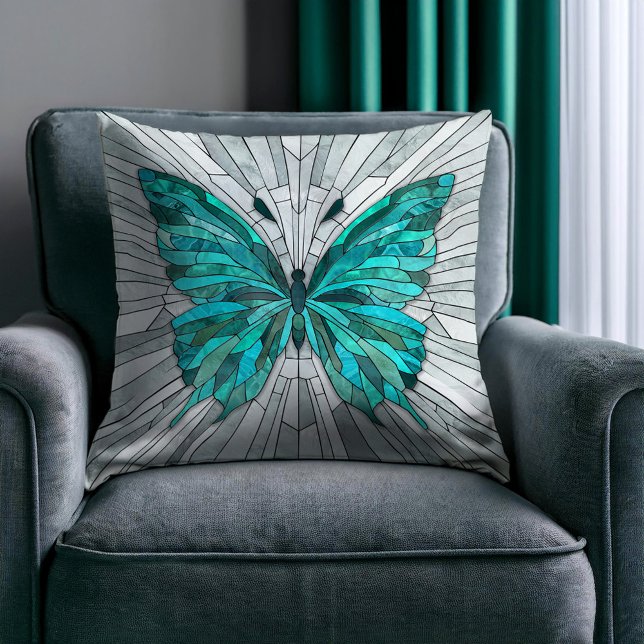 Butterfly Mosaic -Emerald Green and Grey Throw Pillow (Creator Uploaded)