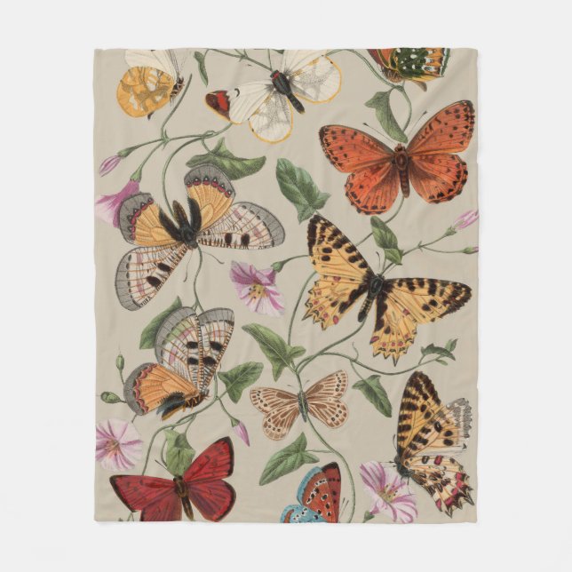 Butterfly Moth Nature Collection Drawing Fleece Blanket (Front)