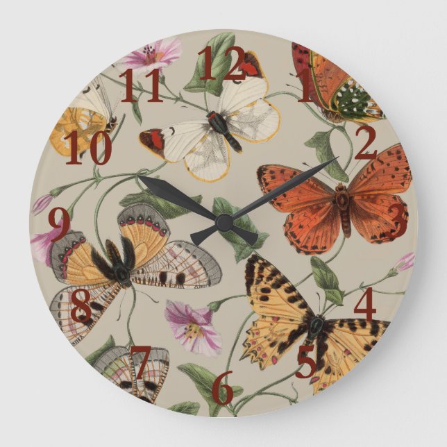 Butterfly Moth Nature Collection Drawing Large Clock (Front)