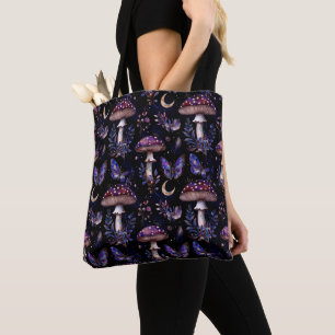 Butterfly Mushroom Floral Dark Witchy Celestial Tote Bag