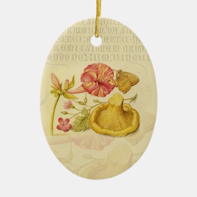 Butterfly Mushroom Flower Watercolor Painting Ceramic Ornament (Front)