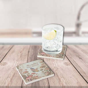 Butterfly Mushroom Woodland Nature Baby Shower Stone Coaster