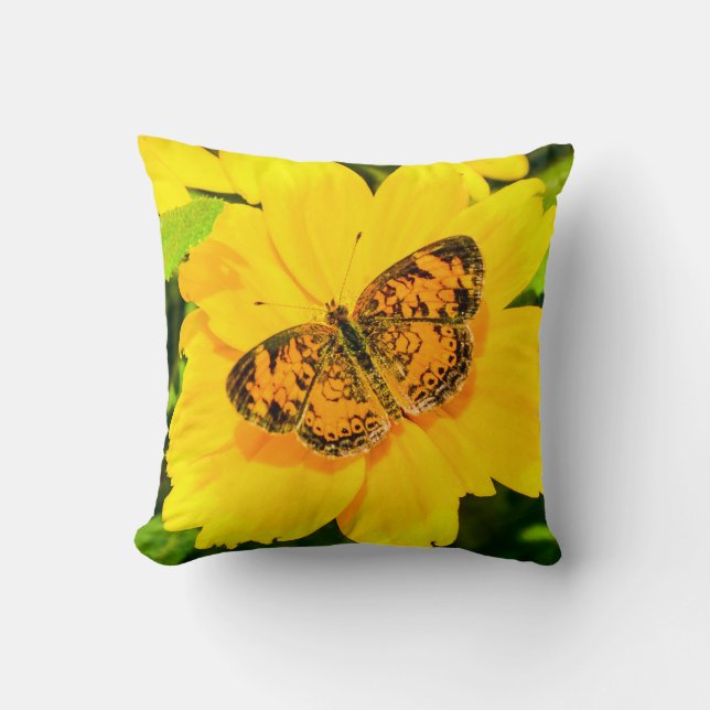 Butterfly Nature Bright Yellow Poly Throw Pillow (Front)