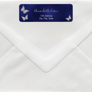 Butterfly navy blue silver return address label