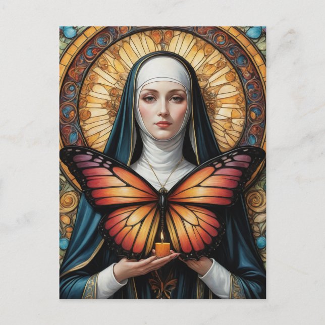 Butterfly Nun Holding Candle Postcard (Front)