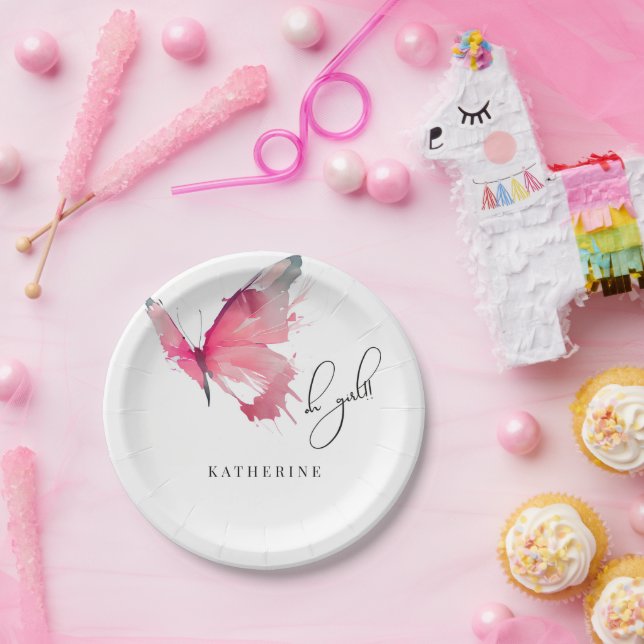 Butterfly Oh Girl Custom White Baby Shower  Paper Plate (Party)