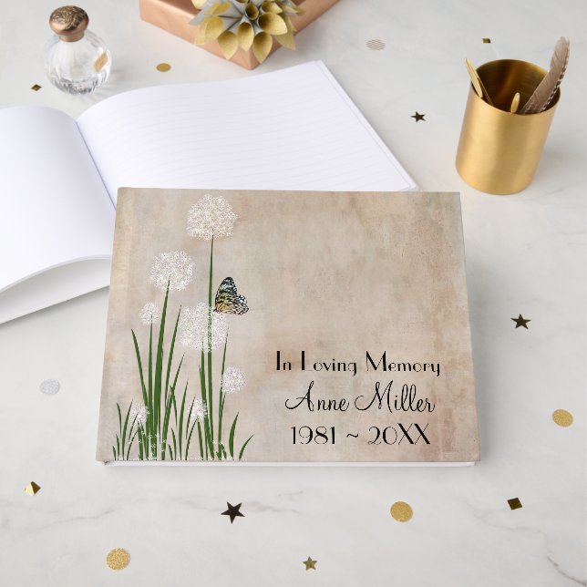 Butterfly on a Puff Flower Memorial Service Guest Book (Front Open)