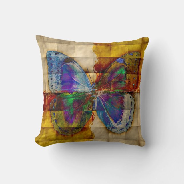 Butterfly on Antique Chequered Pattern Throw Pillow (Front)