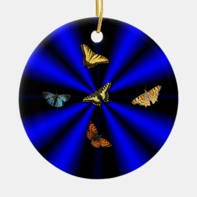 Butterfly on black and blue rainbow ceramic ornament (Front)
